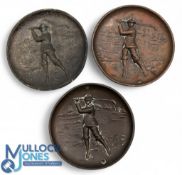 3x Joseph Walker Golf Pin Dishes, embossed copper and plated circular ashtrays of a golfer,