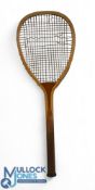 c1880 F H Ayres London, Flat-Top Wooden Racket: period thick gut stringing (some broken) convex