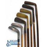 7x Various putters - incl 2x brass head; straight blade and wry neck, an early Gem model metal head,