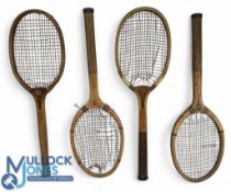 4x Good Period Wooden Tennis Rackets, to include a fan tail, RD & C, H E Rownforde and good