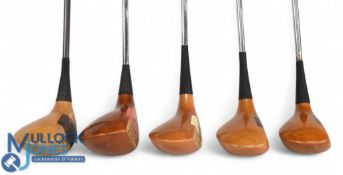 5x Assorted Persimmon Woods - features a Paul Gibson (Master Club Maker), 3 wood 987PP20 with Aldila