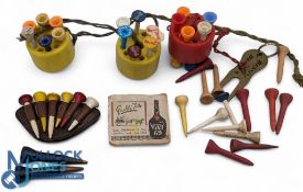 Period Golf Tee Holders and Advertising Tees, wooden and plastic tees to include a packet of Vat