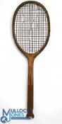 c1920 The Atlas Co Woodford E18 Club Fishtail Wooden Tennis Racket, slim handle with grooved grip,