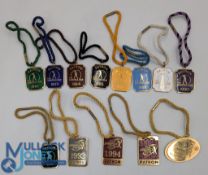 Collection PGA European Golf Tour brass and enamel Patron Members Badges with matching colour cord