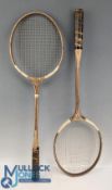 Pair of Vintage Player Wooden Badminton Rackets - with leather handles, made in Pakistan butt cap