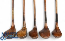 5x Assorted socket neck woods incl R Forgan St Andrews crown model brown stained driver, Spalding