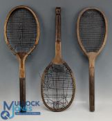 3x Period wooden Tennis Rackets - an unnamed c1900 ash framed with convex wedge to neck, larger