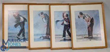 Set of 4x Golfer Clowns, in light wooden frames - size #37cm x 50cm