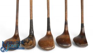 5x Assorted socket neck woods incl medium stained persimmon shallow faced driver stamped JW
