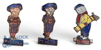 3x Original metal and enamel Golf Badges Penfold Man (both by Miller one missing pin from back),