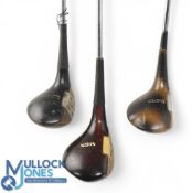 3x MacGregor Persimmon Woods features a MacGregor Tourney 2 wood with indistinct numbers to the
