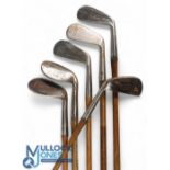6x Various Irons to incl Jack Innes of Prestwick mid-iron, good sized head niblick devoid of maker's