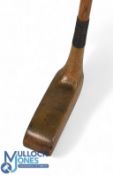 Travis light stained Patent wooden rectangular mallet head putter with severely dropped toe fitted
