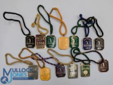 Collection PGA European Golf Tour brass and enamel Patron Members Badges with matching colour cord