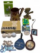 Golf Collectables: a mixed lot of golf themed items - a heavy brass golf figure, Dartmouth Pottery
