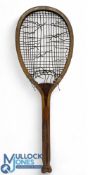 c1910 Slazenger The Demon Fish Tail Wooden Tennis Racket, with worn original gut strings
