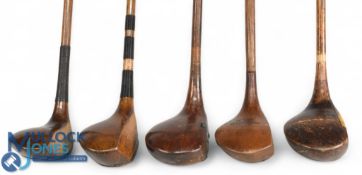 5x Assorted socket neck woods incl T Auchterlonie stripe top brassie with central white face