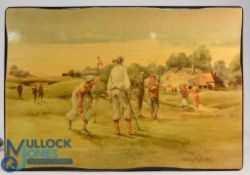 Douglas E West colour golfing print on wood titled “And Now The 19th Hole” - size 38cm x 56cm