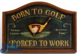 Wooden Golf Display Board. Handmade by Sculptures UK, having a Driver and Ball in 3D to the centre