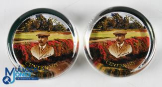 2x 2003 Walton Heath Golf Club Centenary Glass Desk Paperweights – with colour view of the Course