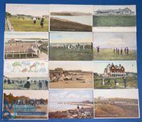 Mixed Collection of 12 early golf postcards – incl Arbroath, Ayr, Harrogate, Llandudno, Mar del
