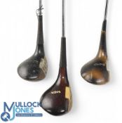 3x MacGregor Persimmon Woods features an MacGregor Tourney 2 wood with indistinct numbers to the