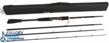 Sonik SK 4XTR carbon travel spinning rod, 9ft 4pc, composite grips with ratchet down locking reel
