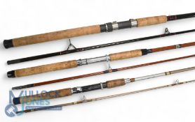 Three classic fibreglass spinning rods, a Kenley Premier Piker 9' 2 piece, casting weight 40-