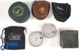 A collection of spools and cases, as follows: 2x Hardy Marquis 7 # spools. J W Young leather and
