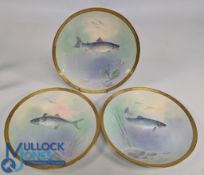 3x Mintons for Spaulding & Co hand painted fish Cabinet Plates decorated Salmon, Trout, Spanish