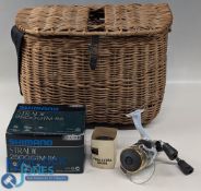 Small Fishing Creel with Shimano Stradic 2500 GTM-RA fixed reel with spare spool in original box