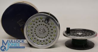 Hardy Marquis Salmon No.2 alloy fly reel, ribbed brass foot, rear drag adjuster, metal check, runs