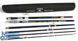 A pair of Grauvell Surf 4200 H M carbon Sic-Ti Matric Teknos travel beach casting rods, 14ft 6pc