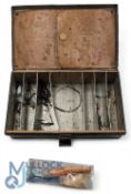 Redditch Japanned Fishing Tackle Box, with accessories, minnow compartments, leather pouch, a