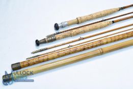 An unnamed split cane trout fly rod 9ft 3pc with brass fittings, red agate butt/tip ring, Allcocks