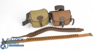 Pair of Canvas Cartridge Bags, brown and green with leather edges, complete with straps, together