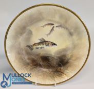 A Royal Doulton Painted Plate, decorated Parr fish, signed J Birbeckson, 24 cm diameter, good