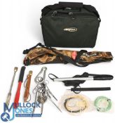 A collection of fishing tools and accessories, as follows: Airflow reel brief with 10 sections and