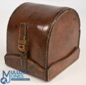 Unnamed block leather 'D' shape salmon reel case, good stitching, strap, hasp and hinge, 5