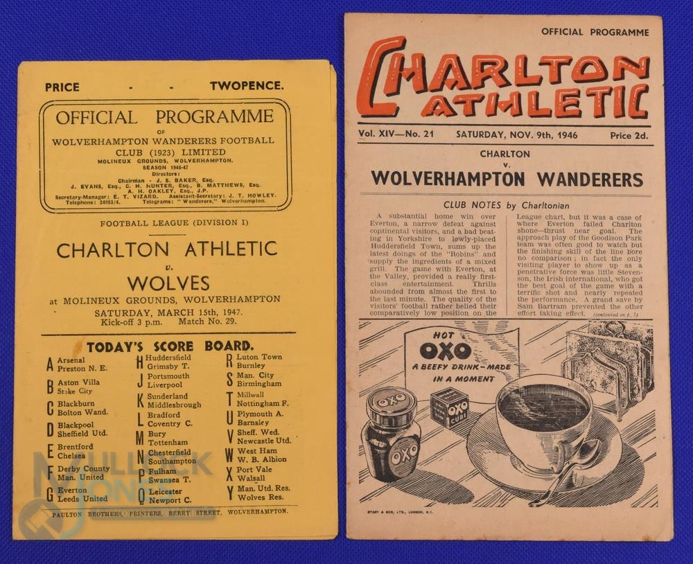 1946/47 Wolverhampton Wanderers v Charlton Athletic Div. 1 match programme (15 March) plus away