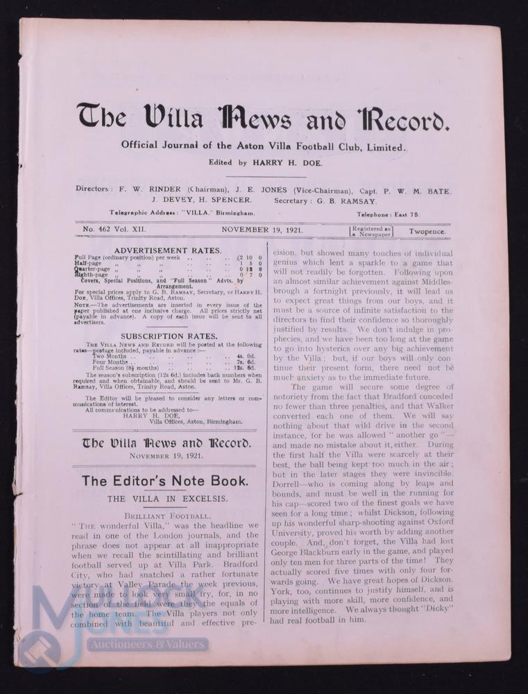 1921/1922 Aston Villa v Manchester Utd Div. 1 match programme 19 November 1921 at Villa Park; ex.