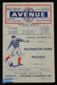 1954/55 Walthamstow Avenue v Pegasus friendly match programme 11 September 1954, 4 page; fold, score