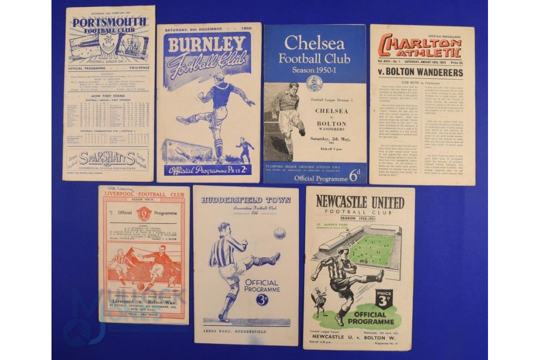 1950/51 Bolton Wanderers away match programmes Div. 1 to include Portsmouth, Burnley, Chelsea,