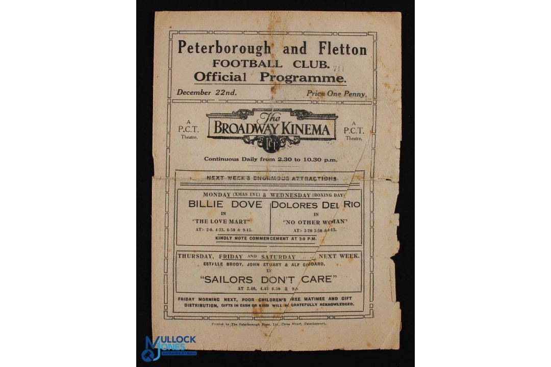 Pre-War 1928/1929 Peterborough Utd v Folkstone Southern League match programme 22 December 1928; 4