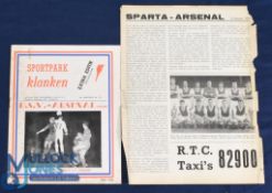 1959 Sparta Rotterdam v Arsenal friendly match programme 8 August 1959 (single sheet, Arsenal team