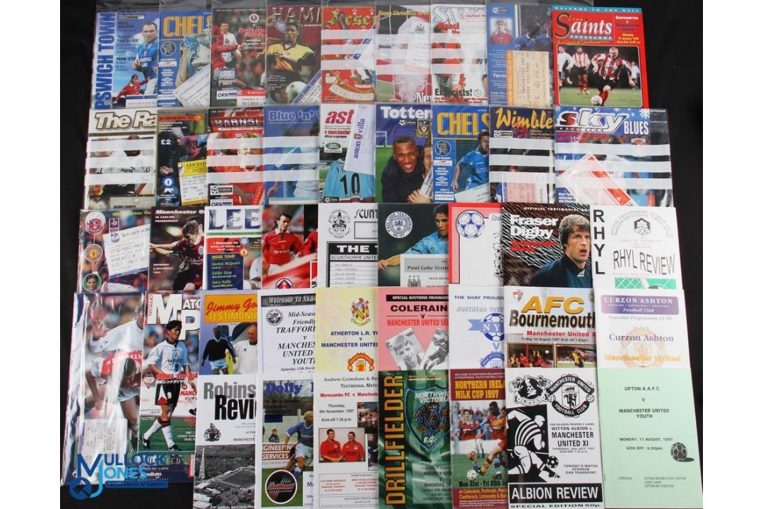 1997/98 Manchester Utd complete season away league programmes (19) and tickets (16); FAC away