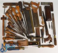 Period wood working tools, tenon saws, screw drivers, files, set squares, bradawl, period sharpening