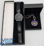 Mercedes Men's Watch with Black leather strap together with hallmarked silver keyring (2)