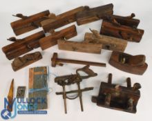 Collection of wooden woodwork planes tools, block planes and moulding planes with combination