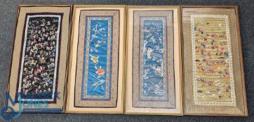 4x Oriental Silk Sewn Embroidery Panels, dragon boat races, wedding day fertility, floral